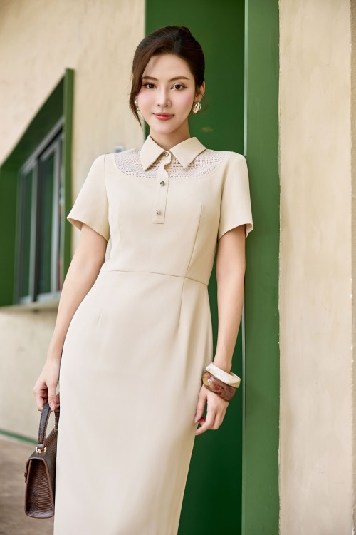 Sixdo Beige Silk Pencil Dress
